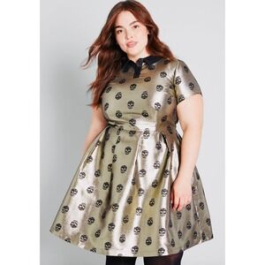 NEW!! MODCLOTH Gold Metallic Skull Print Dress Fit N' Flare Skeletons Size 22